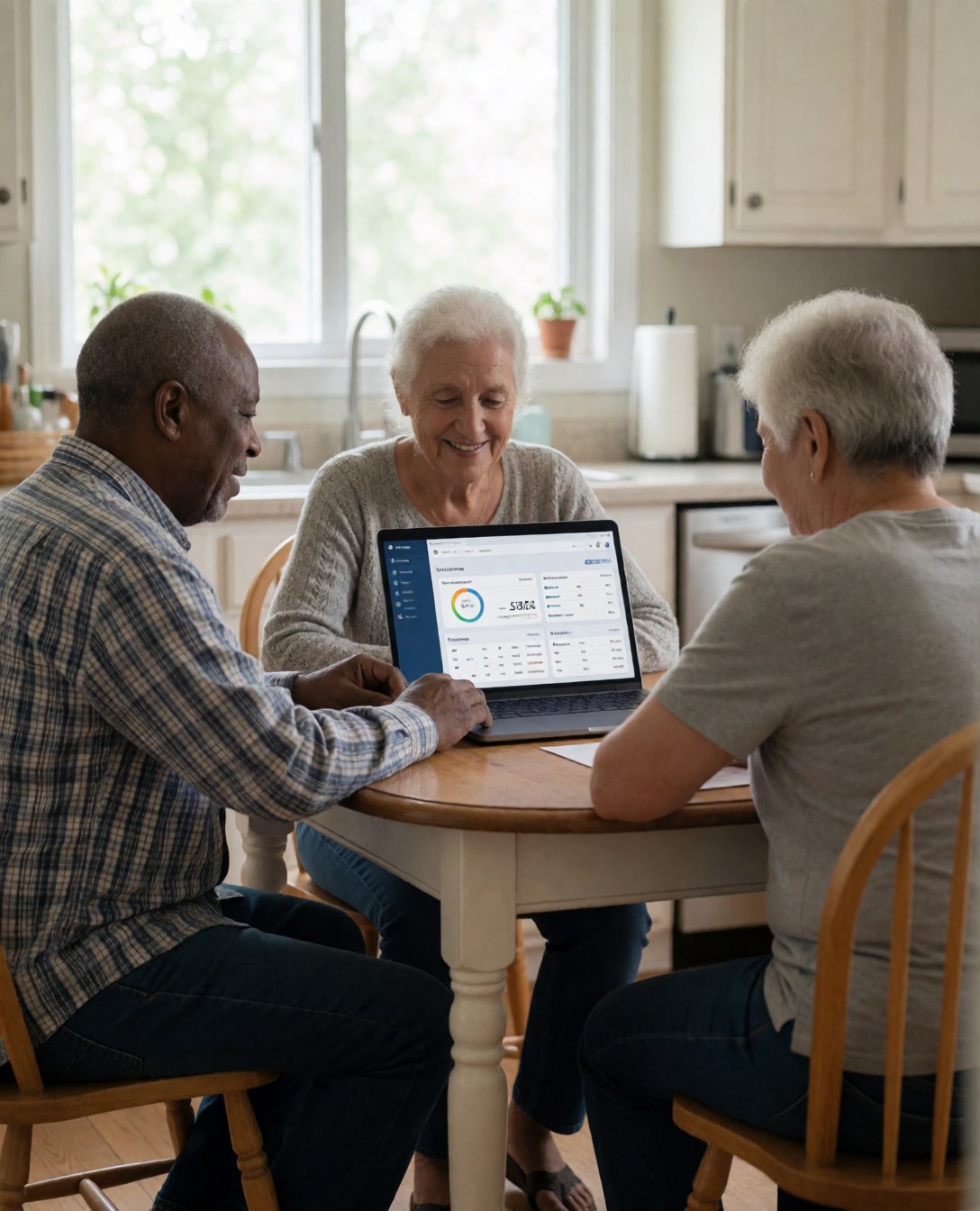 A senior couple smiles while reviewing a financial dashboard on a laptop in their kitchen, appearing satisfied with the service.