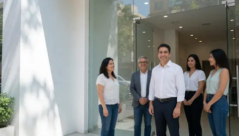 Smiling real estate team standing at the entrance of a modern office with glass and natural light
