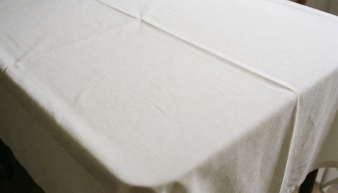 Clean white tablecloth surface with elegant folds, ideal for wedding and event text overlays