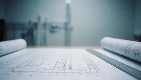 Architectural blueprints and rulers lying on a work table with a blurred background, suitable for business text overlays