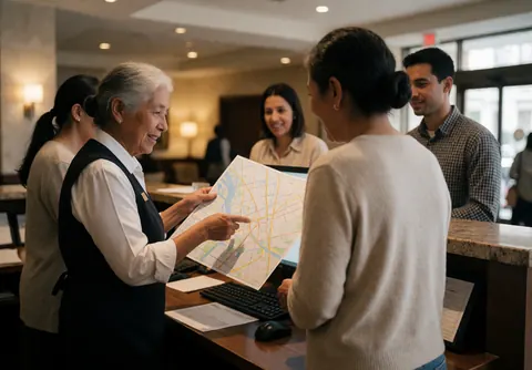 An older concierge displays a city map to a hotel guest at the reception desk while other smiling guests stand in the background.