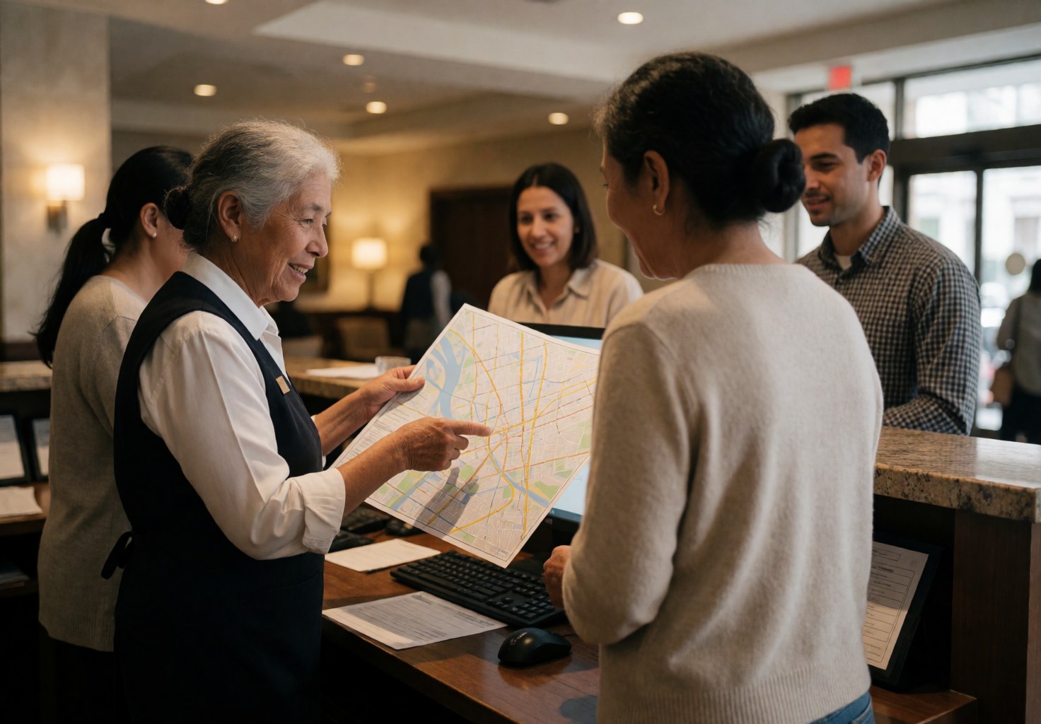 An older concierge displays a city map to a hotel guest at the reception desk while other smiling guests stand in the background.