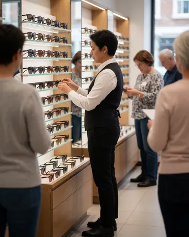 Optical store staff member arranging sunglasses on a display shelf with customers visible in the background