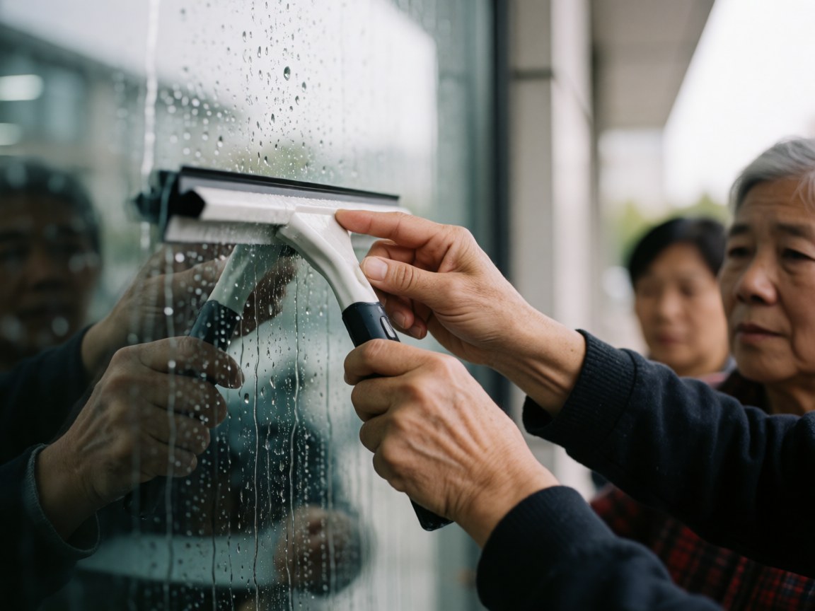 Close-up of adult hands using a squeegee to clean a glass window, showing water droplets and building reflections to highlight cleaning precision.