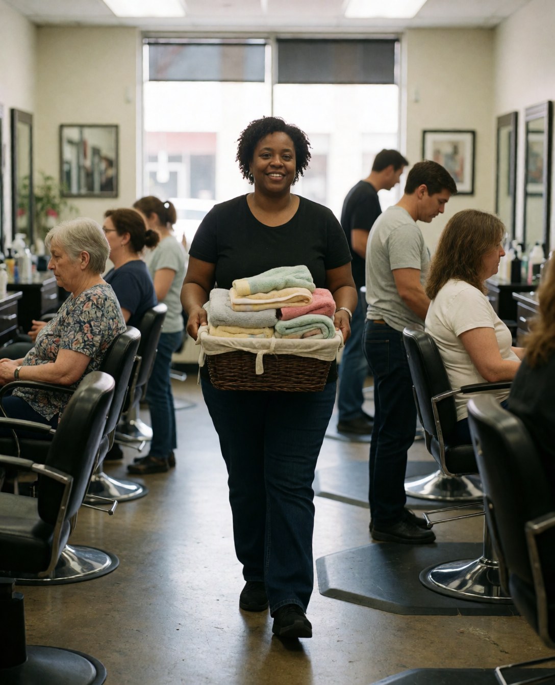 Smiling staff member carrying a basket of towels between treatment stations in a nail salon