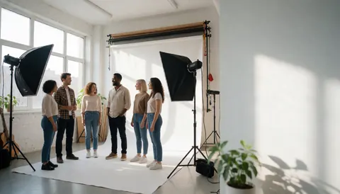 A professional photography crew collaborating in a well-lit studio with white backdrops and large windows