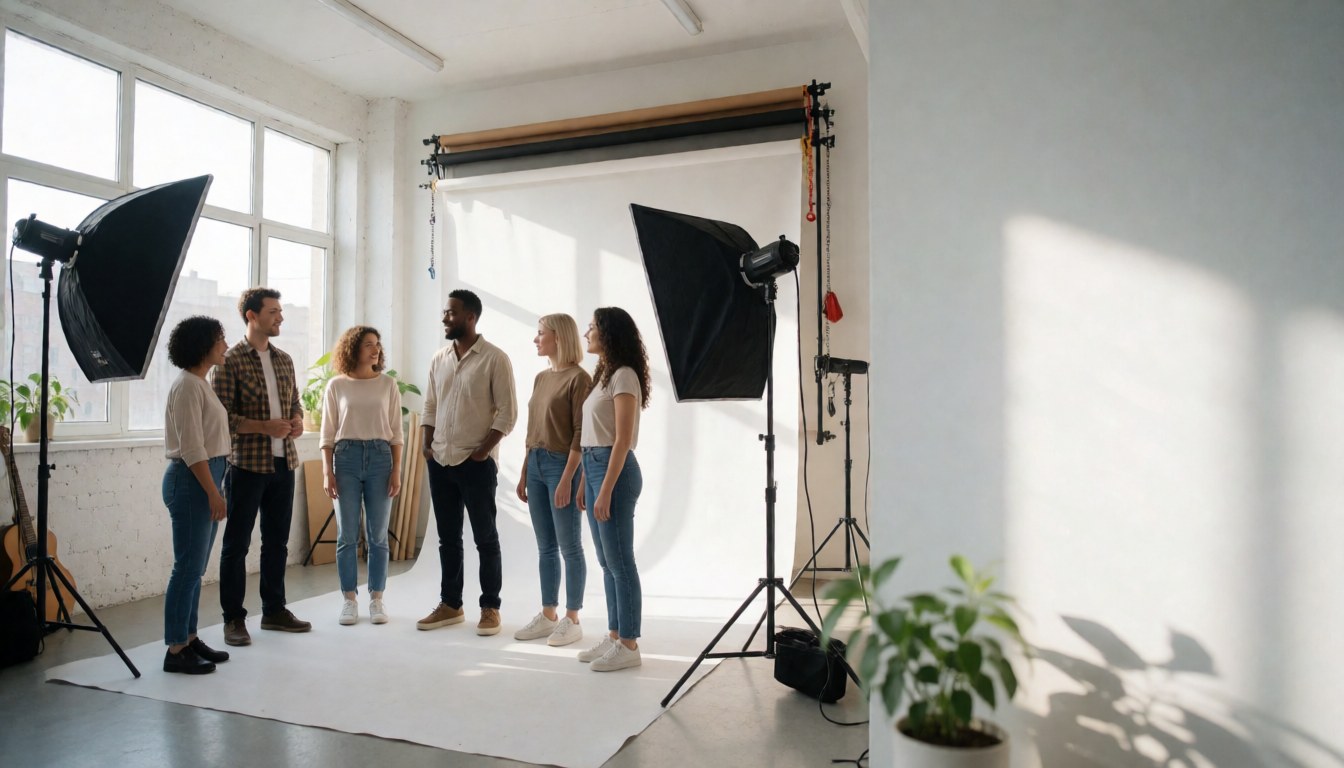 A professional photography crew collaborating in a well-lit studio with white backdrops and large windows