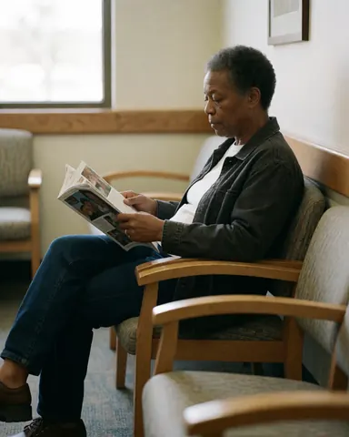 A relaxed middle-aged woman sits in a chair reading a magazine while waiting at a medical clinic.