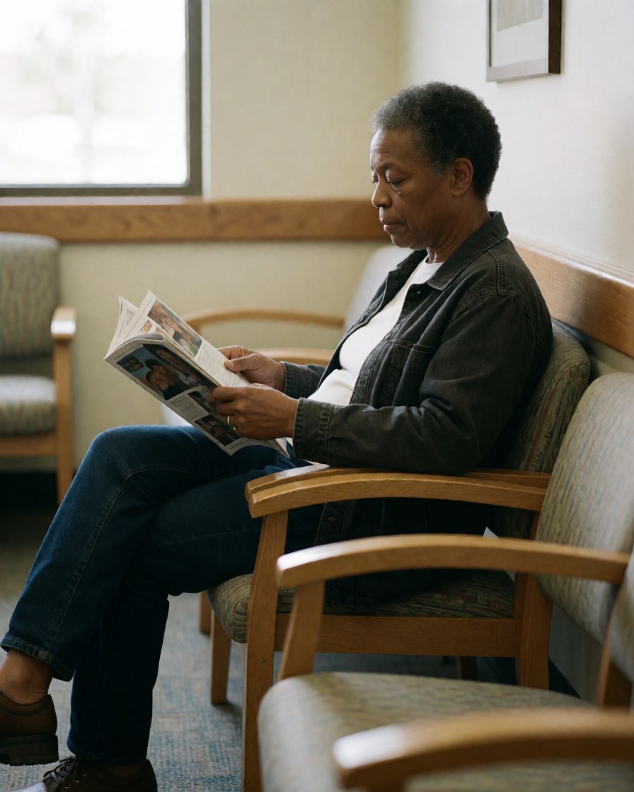 A relaxed middle-aged woman sits in a chair reading a magazine while waiting at a medical clinic.
