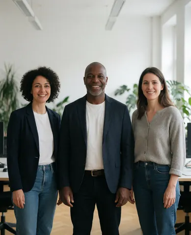Three smiling professionals in a modern Berlin office with plants and furniture representing an insurance team