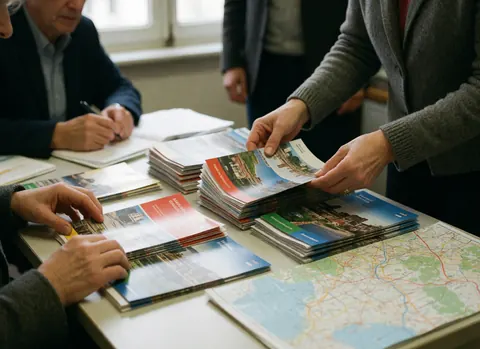 Adult hands arranging travel brochures and a map on an office desk with natural light