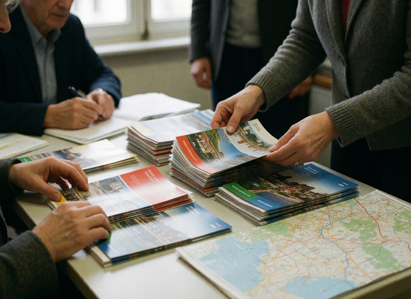 Adult hands arranging travel brochures and a map on an office desk with natural light