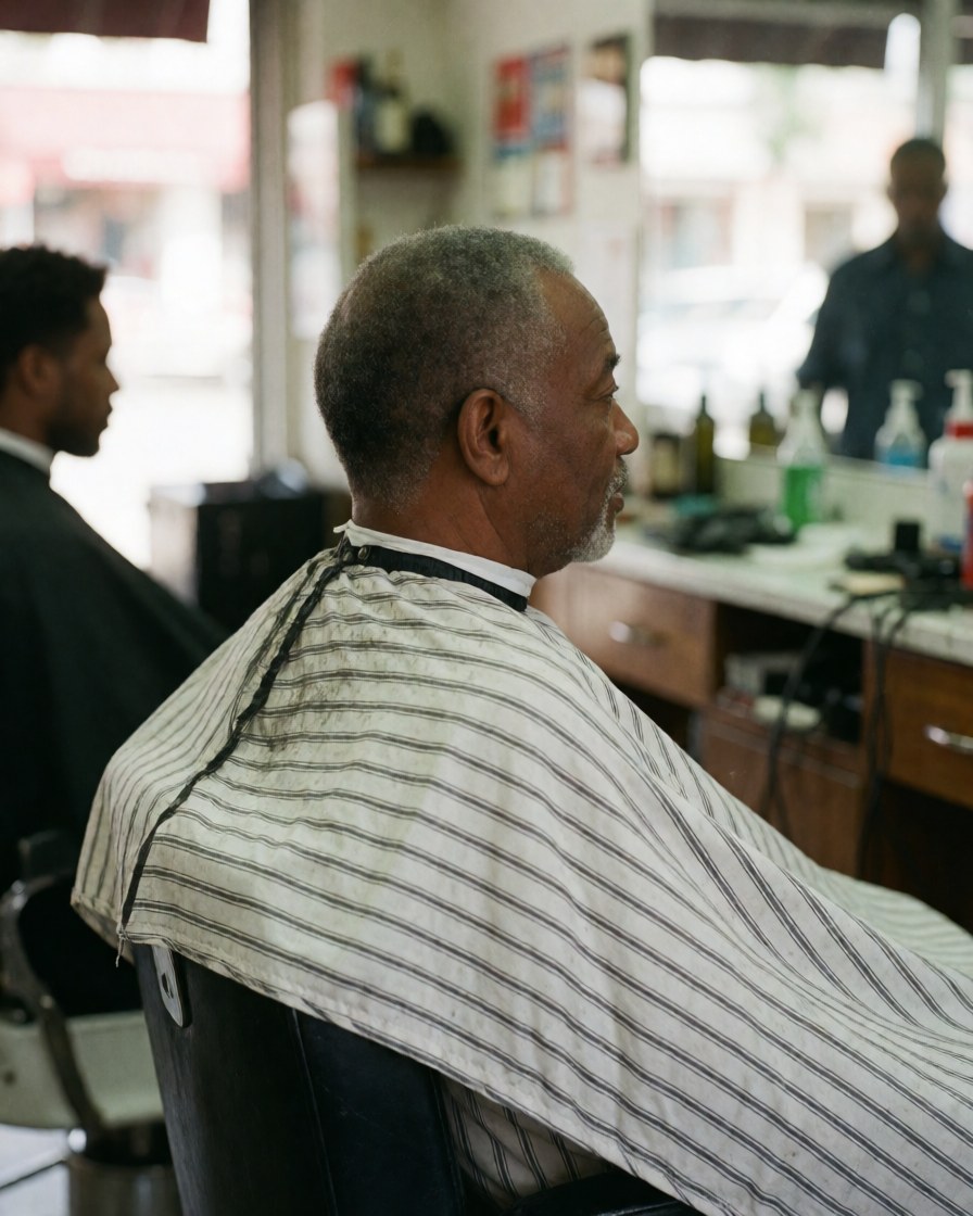 An older man sits in a barber chair wearing a cape, looking happy and satisfied with the natural barbershop atmosphere.