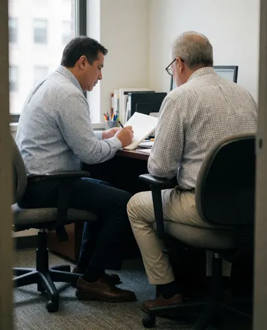 Two male psychologists in an office reviewing documents, one writing while the other observes, with natural light from a window creating a professional atmosphere