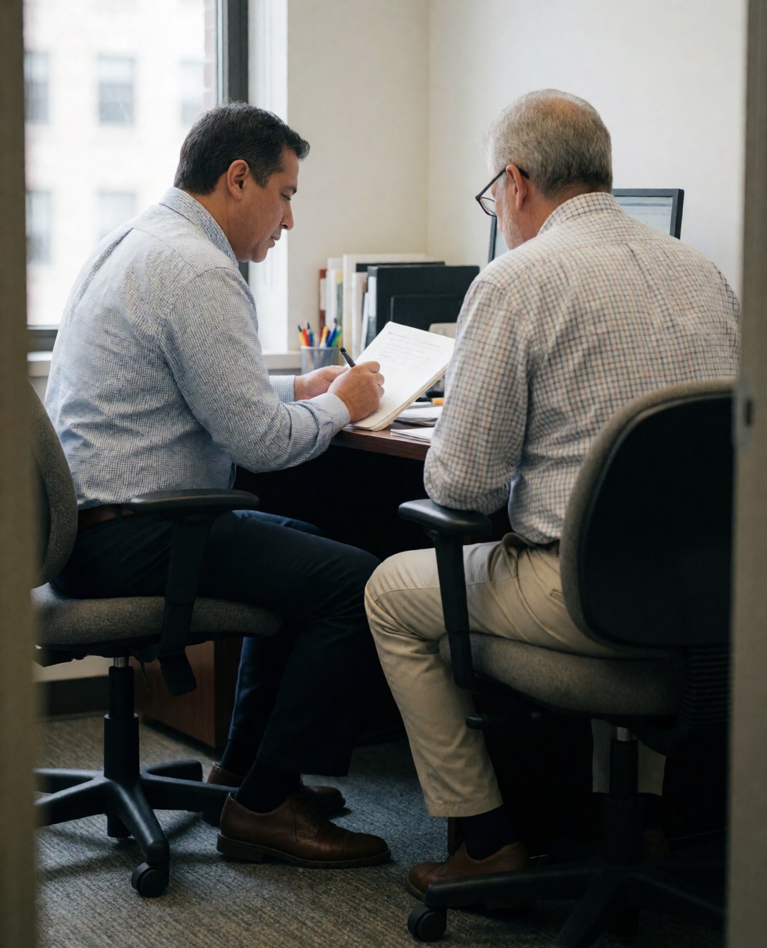 Two male psychologists in an office reviewing documents, one writing while the other observes, with natural light from a window creating a professional atmosphere