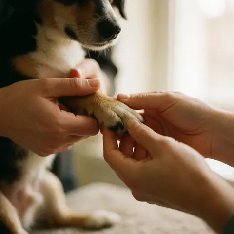 Close-up of professional hands gently holding and caring for a dog's paw in a warm veterinary setting