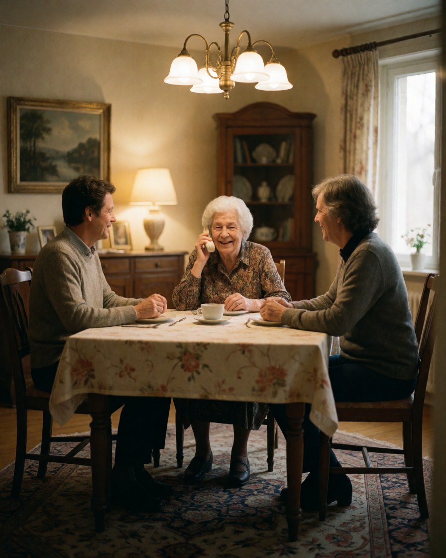 Smiling senior woman speaks on phone while two people listen at a floral tablecloth dining table in a warmly lit home.