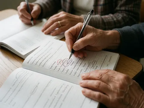 Close-up of adult hands circling Spanish vocabulary words in an open notebook on a wooden table with natural light