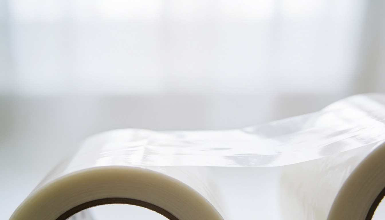 A roll of transparent packing tape placed on a soft white surface, suitable for moving company text overlays