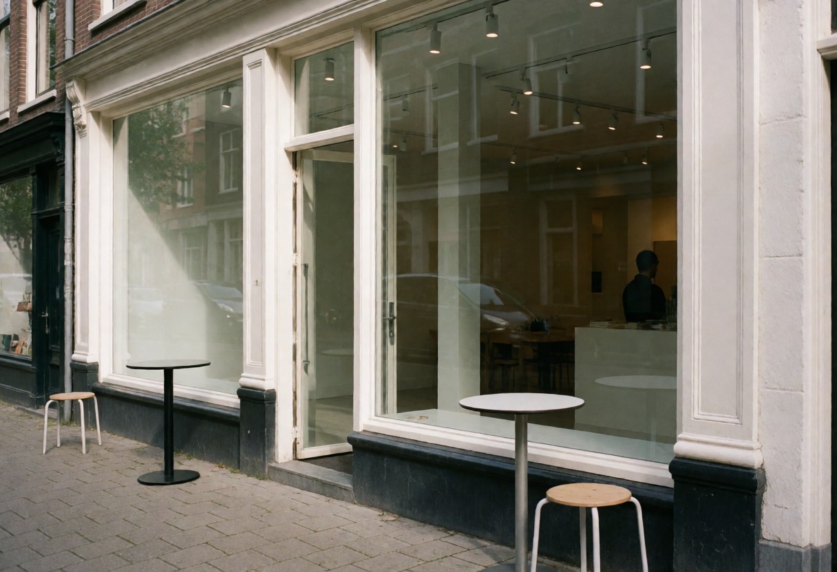 Exterior view of a modern marketing agency office featuring large glass windows and minimalist outdoor seating area