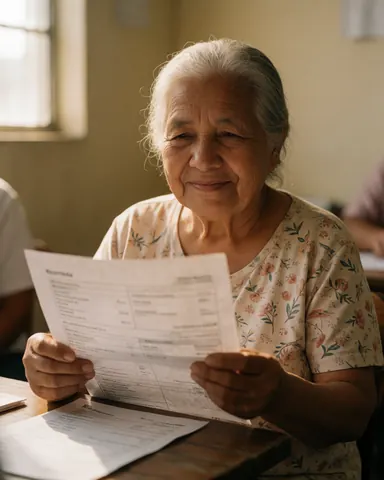 A senior woman smiles while holding a medical report in a clinic, expressing relief and trust.