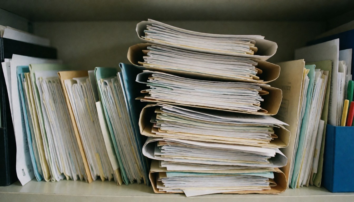 Stacked files and folders on an office shelf providing copy space for sales and agreement themes
