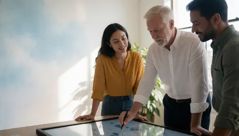 Three diverse instructors working together at a digital table in a bright modern office for online courses