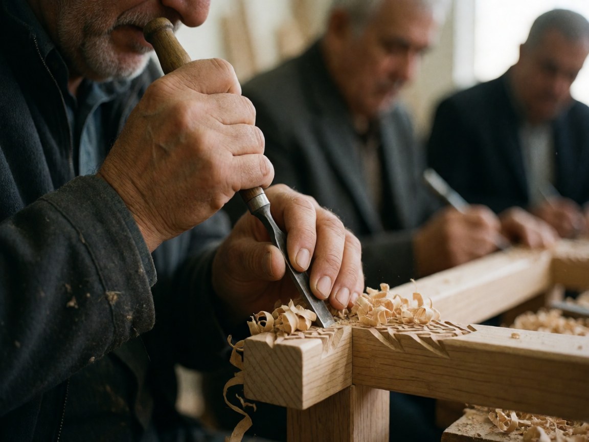 Close-up of a carpenter using a chisel to carve detailed patterns into wood with shavings falling against a blurred workshop background