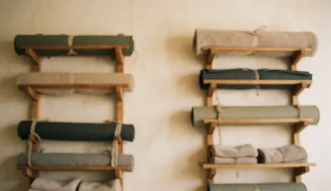 Wooden shelves holding rolled blankets and towels, creating a warm background for yoga and pilates text.