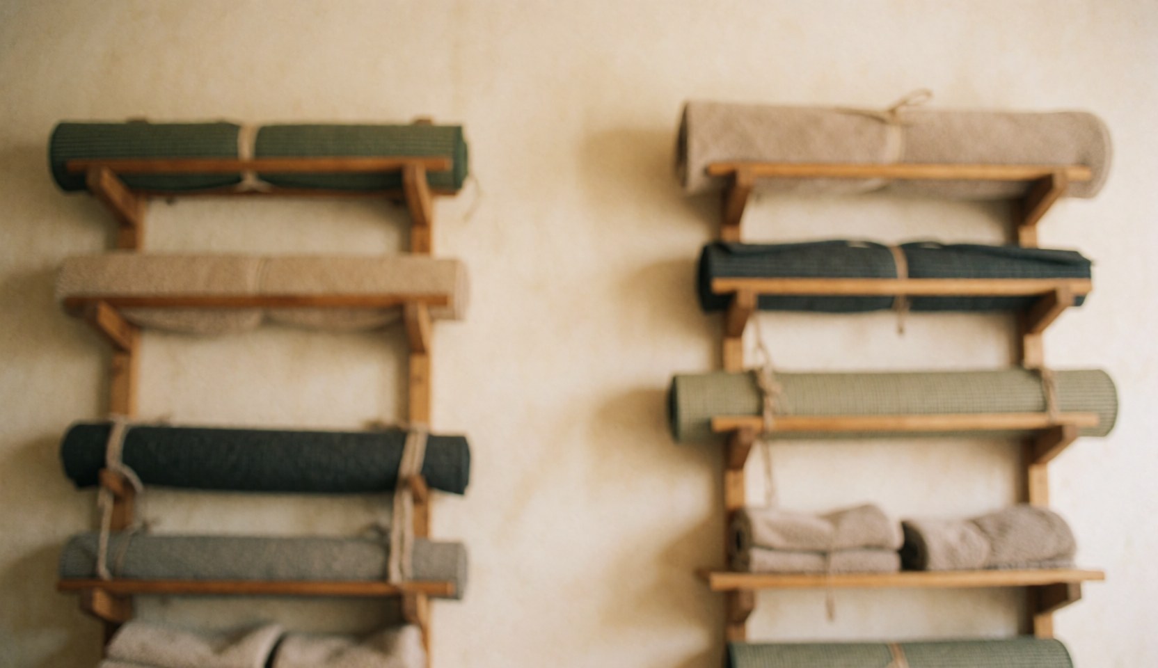 Wooden shelves holding rolled blankets and towels, creating a warm background for yoga and pilates text.