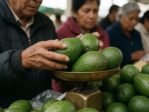 Close-up of aged hands weighing green avocados on a bronze scale in a grocery market