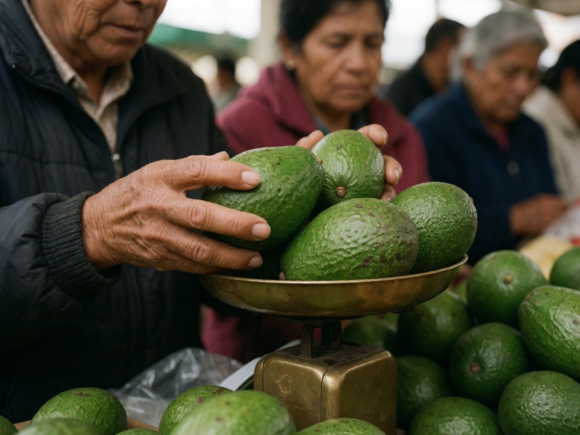 Close-up of aged hands weighing green avocados on a bronze scale in a grocery market