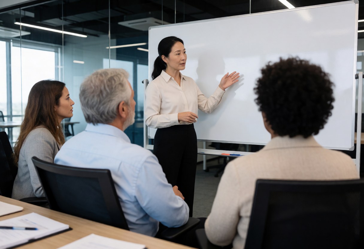 A technology consultant explains concepts on a whiteboard to clients in a modern office, demonstrating professional IT support and clear communication.