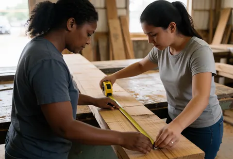 A female employee assists a customer in measuring a piece of lumber inside a well-lit hardware store with visible wood texture.
