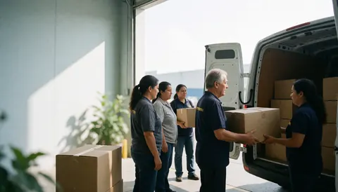 Team of workers loading boxes into a white van at a modern logistics center under natural light