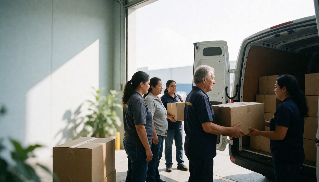 Team of workers loading boxes into a white van at a modern logistics center under natural light