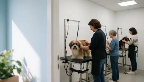 Three female groomers attending to dogs in a modern and clean canine grooming salon with cutting tables and bright lights