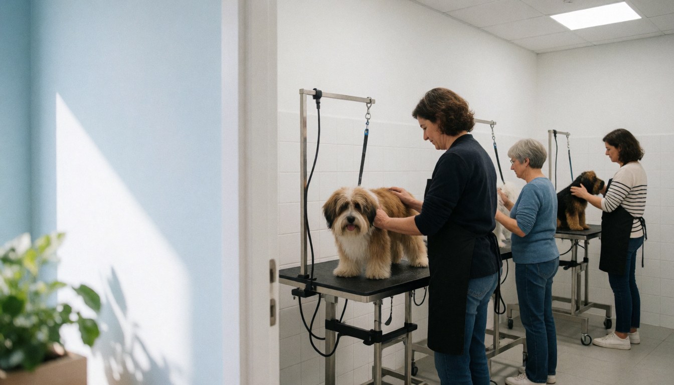 Three female groomers attending to dogs in a modern and clean canine grooming salon with cutting tables and bright lights