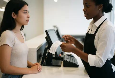 Young female cashier explains the return policy to a customer while showing a receipt in a clothing store