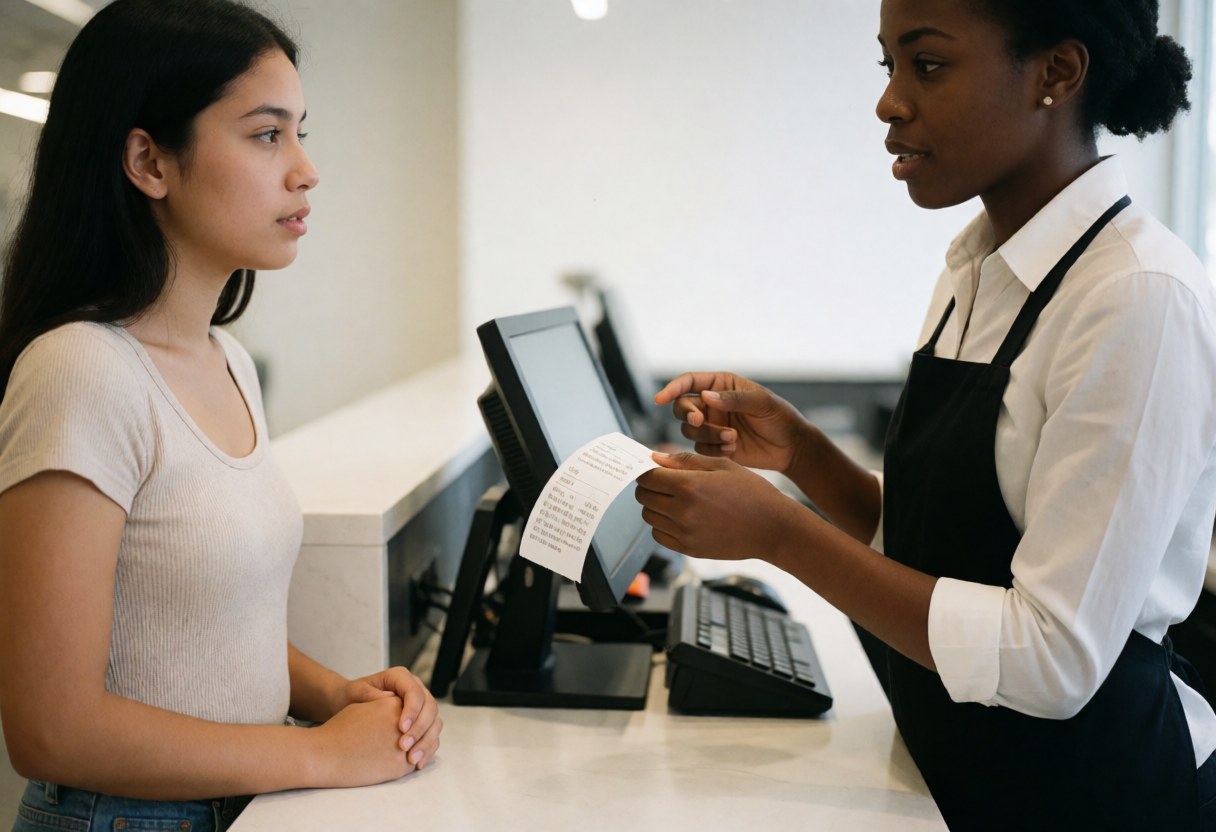Young female cashier explains the return policy to a customer while showing a receipt in a clothing store