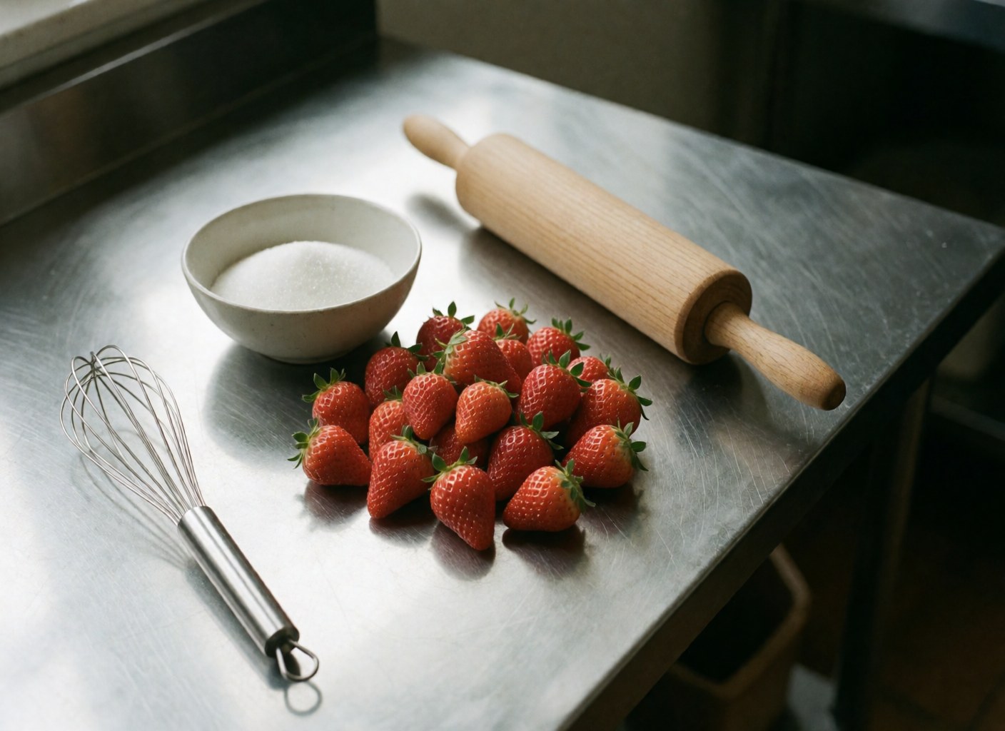 Fresh red strawberries, sugar, and kitchen utensils arranged on a stainless steel table for catering preparation