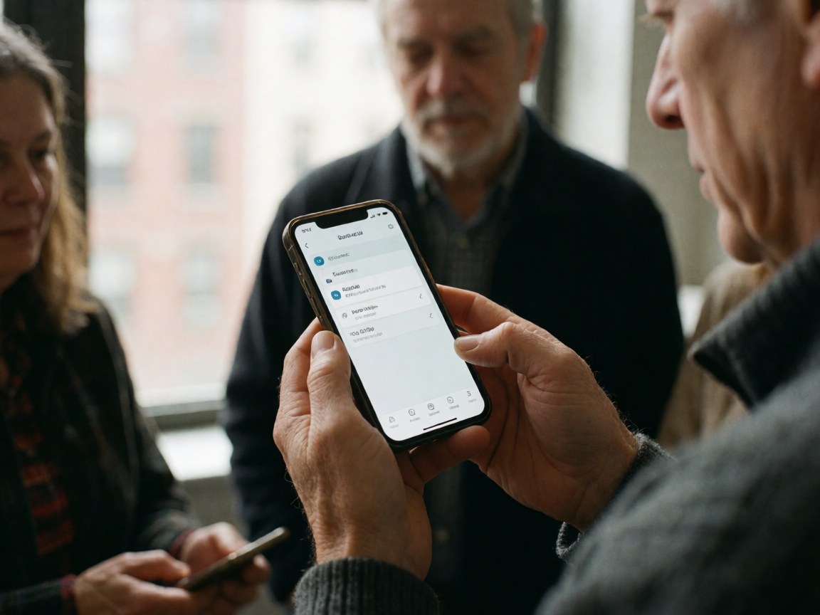 A senior developer displays a mobile application on his phone to colleagues during a meeting with a blurred urban background.