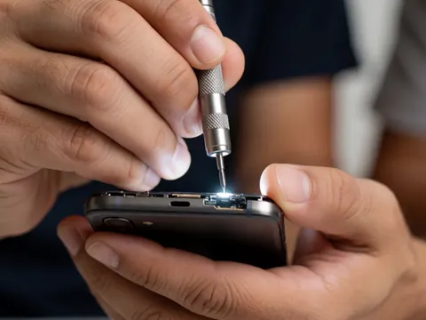 Close-up of a hand using a precision screwdriver to open a mobile phone, highlighting technical repair details.