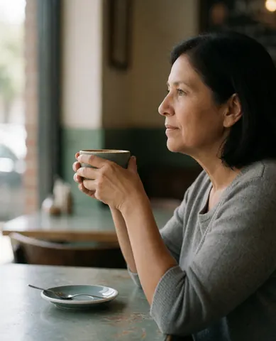 A smiling latina woman holds her coffee cup while looking out the window with a relaxed and happy expression inside a cafe.
