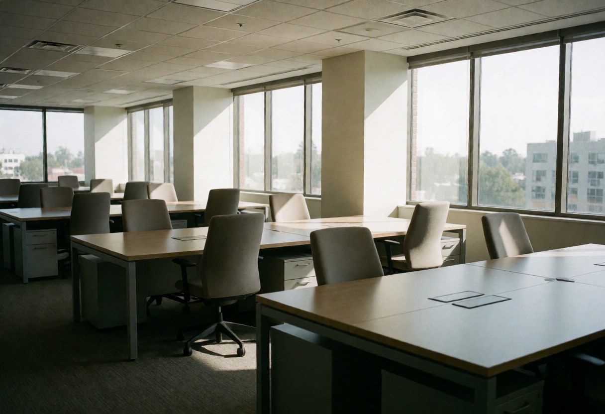 Spacious modern office interior featuring desks, chairs, and large windows letting in bright morning sunlight