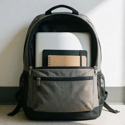 Gray university backpack containing a laptop and notebook placed on a light floor against a neutral white background