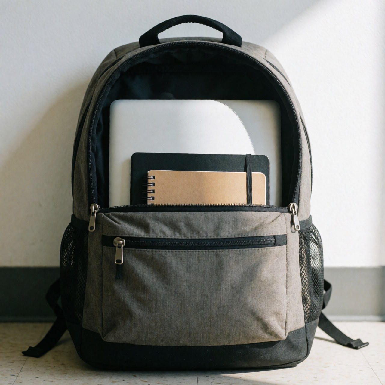 Gray university backpack containing a laptop and notebook placed on a light floor against a neutral white background