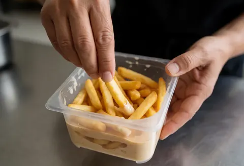 Close-up of hands tossing french fries with dipping sauce in a container at a fast food restaurant
