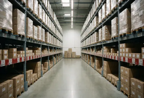 Modern clean logistics warehouse with tall metal shelves full of cardboard boxes, bright LED lighting, and an empty central aisle.