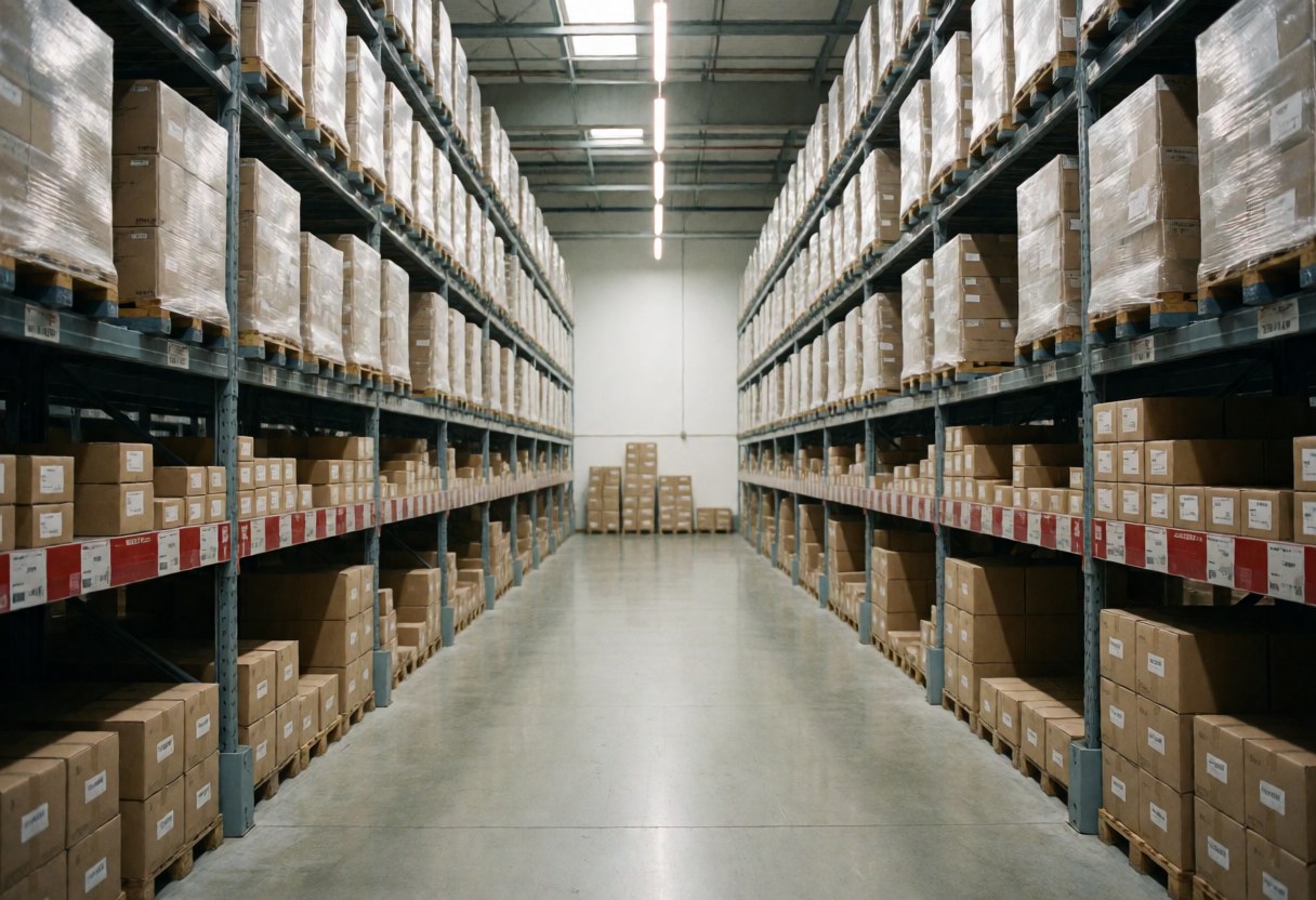 Modern clean logistics warehouse with tall metal shelves full of cardboard boxes, bright LED lighting, and an empty central aisle.